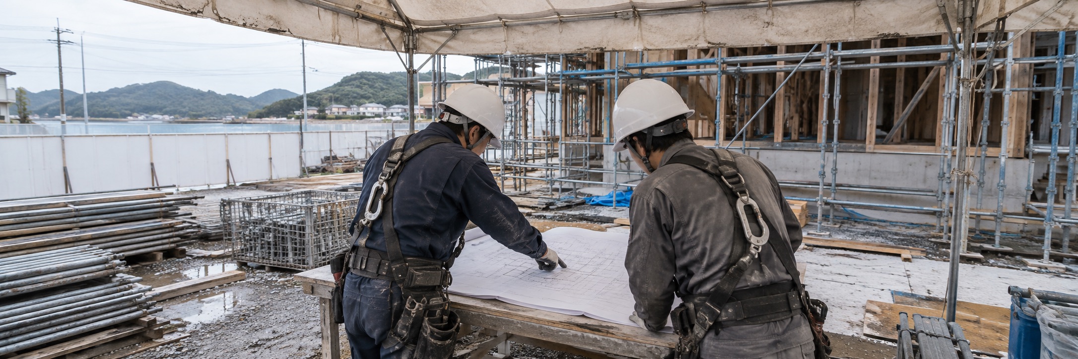現場のテントの下で、職人2人が図面を広げて確かめる様子（イメージ画像）