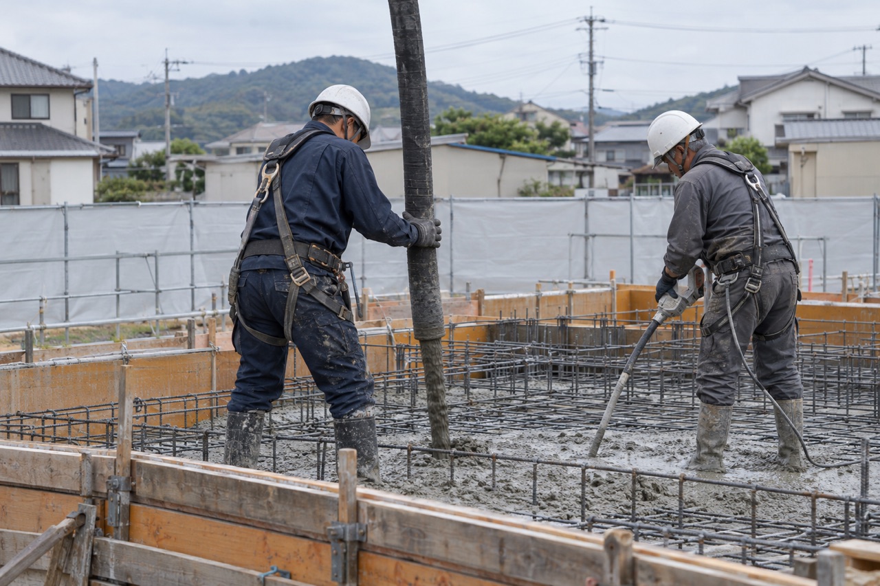 鉄筋を組んだ型枠に、上から垂れる打設ホースでコンクリートを流し込み、別の職人が締め固める様子（イメージ画像）